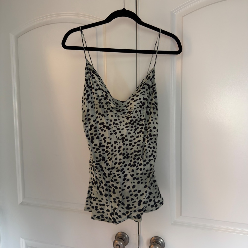Zara Women Animal Print Cowl Neck Satin Camisole Top Sage Green Black Size M
